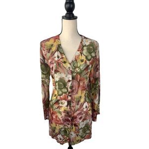 Women's PinkFlamingo Silk Tunic Button Blouse Top Size S Floral Button Up